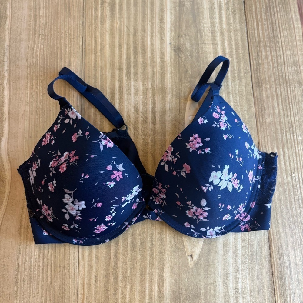 Laura Ashley 36 B Navy Blue Lace Floral Underwire Padded Adjustable Straps Bra